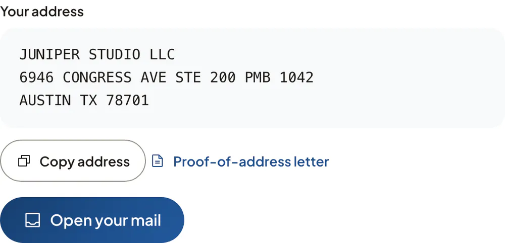 The address card of the sample business, in the USPS format with PMB 1042