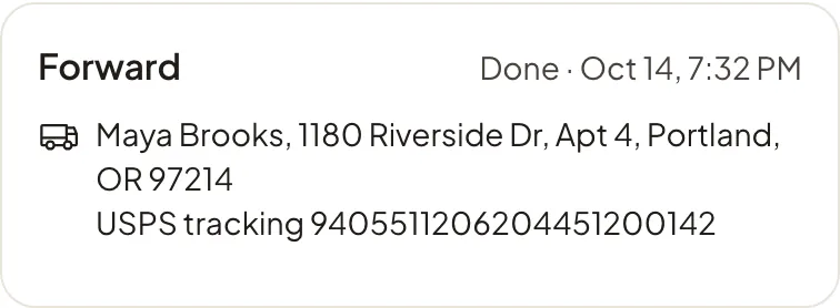 A forwarded piece with its address and USPS tracking number