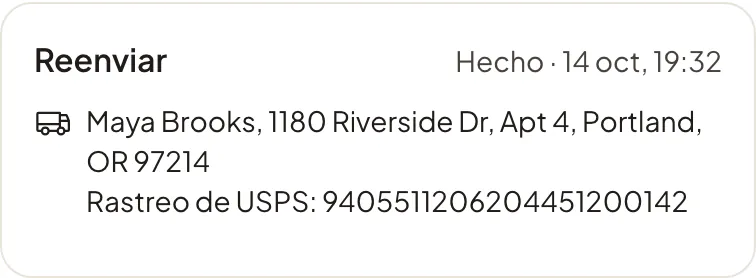 Una pieza reenviada con su dirección y su número de rastreo de USPS