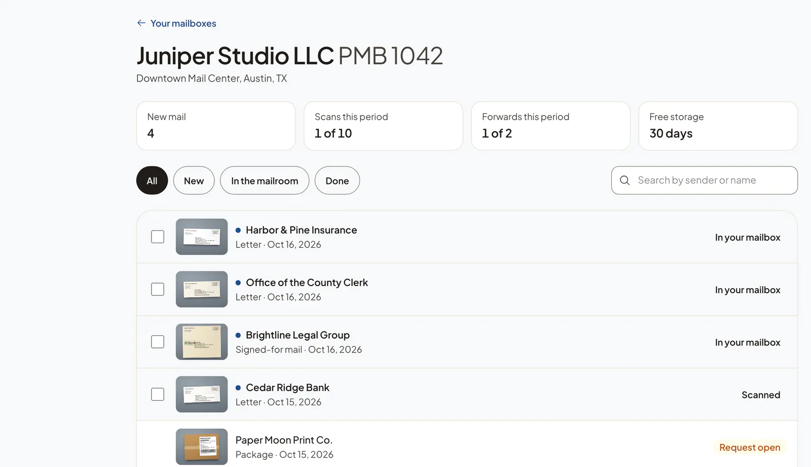 The sample business's inbox with envelope photos, senders and statuses