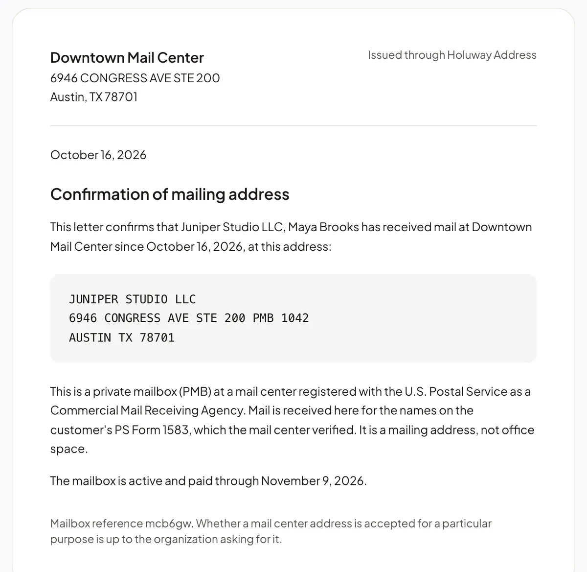 The proof-of-address letter Holuway Address prints for the sample business