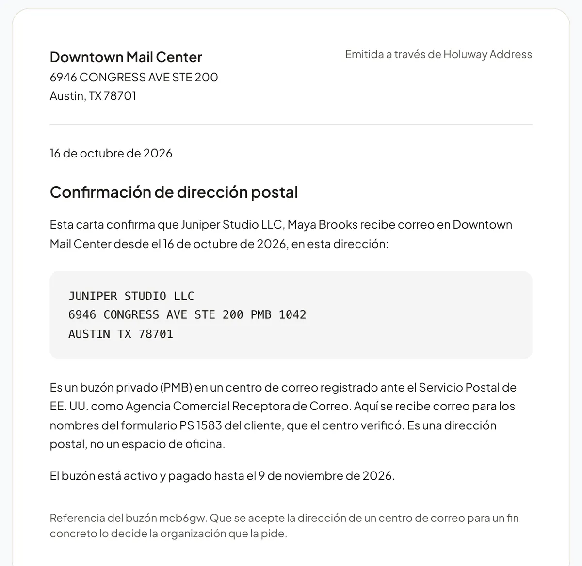 La carta de comprobante de domicilio que Holuway Address imprime para el negocio de ejemplo