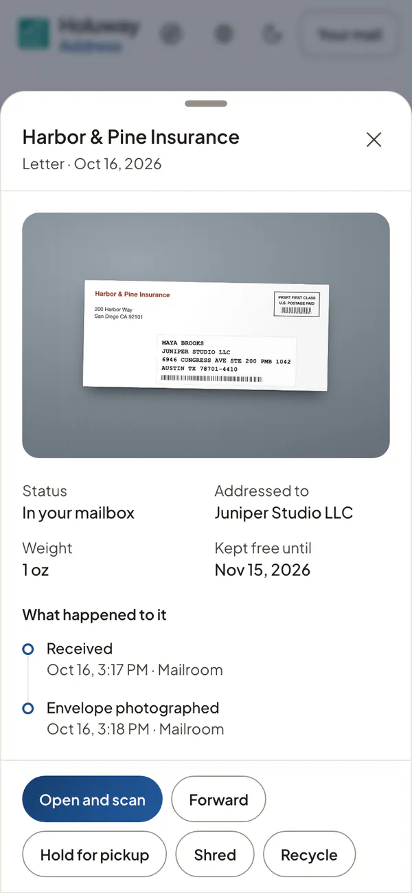 A piece of mail with its envelope photo and the actions: forward, hold for pickup, shred, recycle